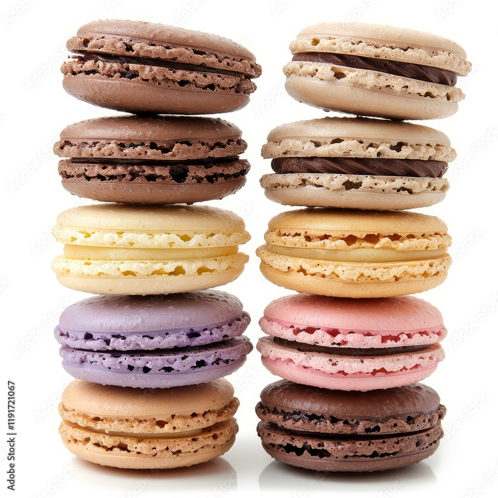 Poster two stacks of colorful macarons with various flavors, balancing on a white background create a delic