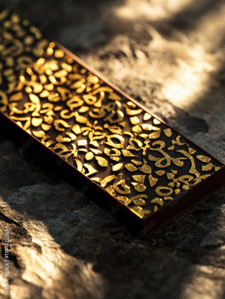 Poster decadent chocolate bar with pistachio filling and intricate arabic arabesque patterns. generative ai