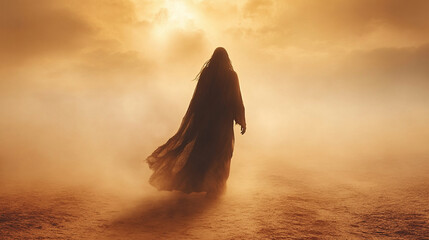 Back view of silhouette of Jesus Christ walking alone on an ancient dusty pathway at sunrise backlight emphasizing solitude and faith with blurred bright light tone and caption space on the side


