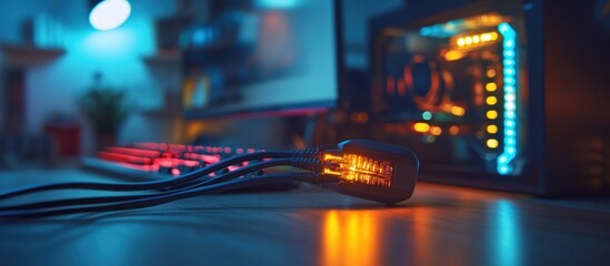 Naklejka premium Glowing keyboard and various electronic devices on a desk in a dark moody and atmospheric workspace setup