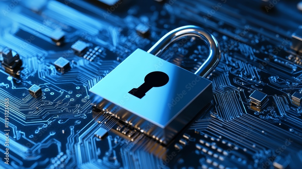 Poster enhanced cybersecurity, padlock on circuit symbolizing data protection and network security