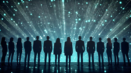 Business Team Observes a Dynamic, Futuristic Display of Light and Data Visualization