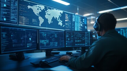 Boosting productivity, man navigating multiple monitors in a modern workspace