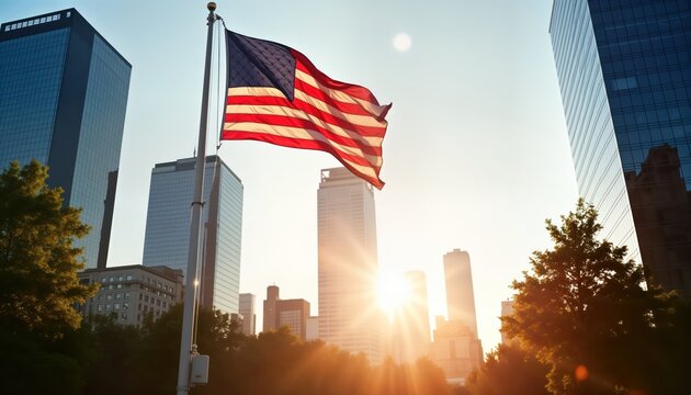 American flag flies high over city skyline. Sunny day honors heroes. Patriotic scene remembers sacrifice. Community gathers in remembrance. Honoring veterans, first responders. Memorial day ceremony. - Powered by Adobe