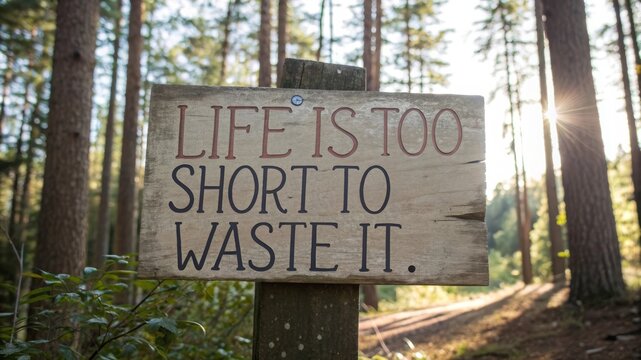 Embrace every moment life is too short to waste it in nature inspirational sign content forest environment positive viewpoint on life