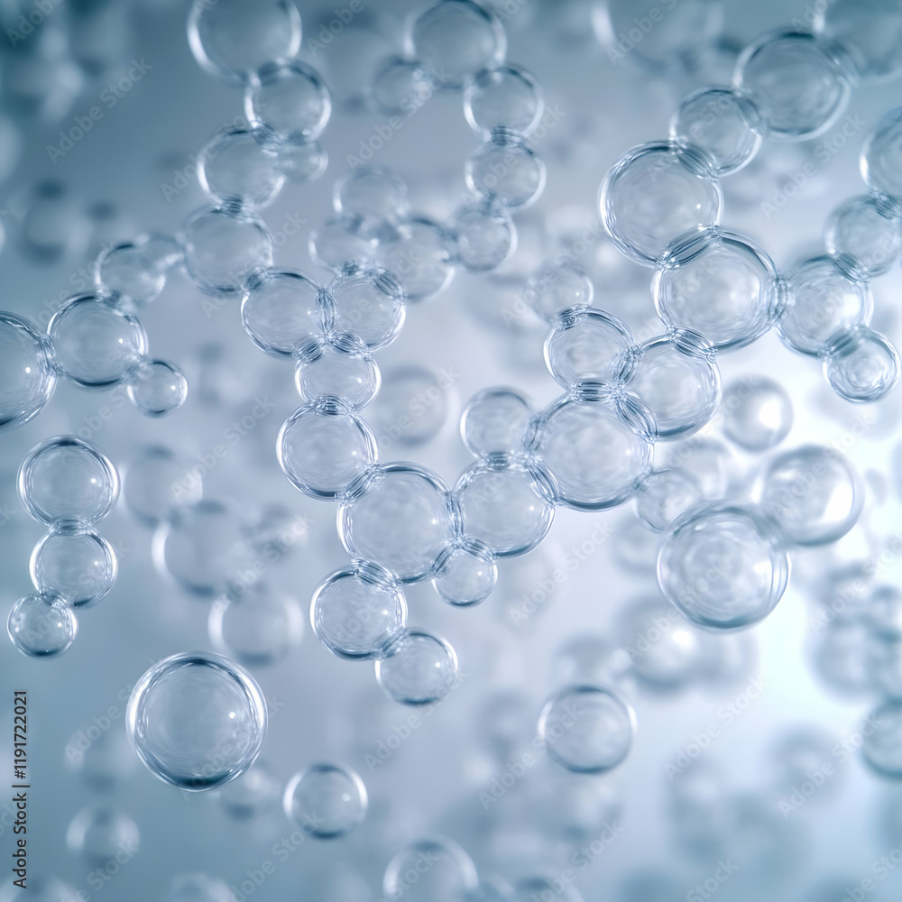 Poster transparent bubbles floating and reflecting light on a soft blue background