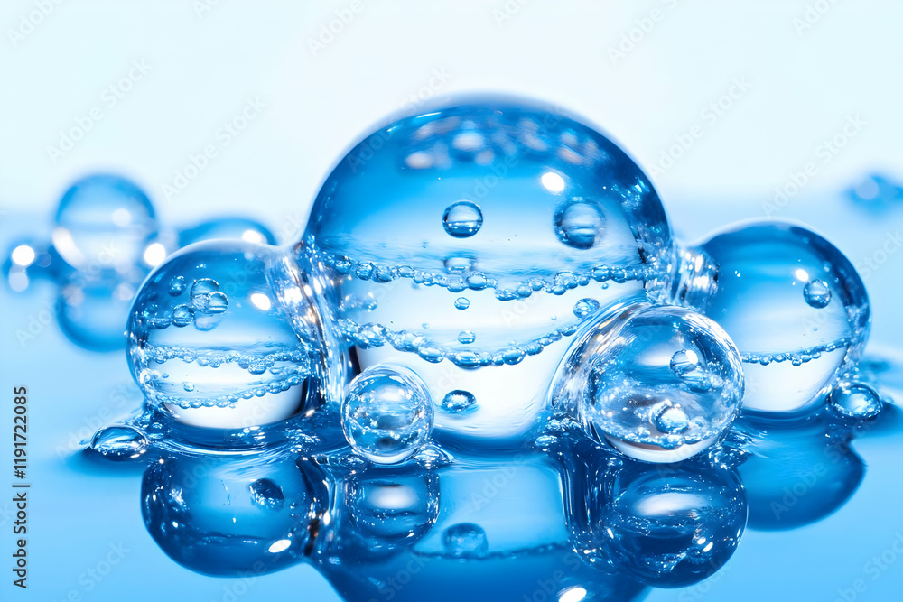 Aufkleber close-up of transparent bubbles floating gently on a blue surface with soft lighting and reflections