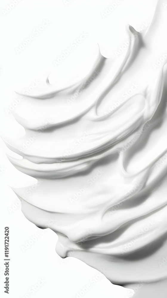 Poster white cream swirls dynamically on a clean white background, creating a visually pleasing texture.