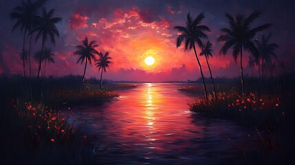 Tropical sunset riverbank, palm trees, fiery sky, peaceful scene, vacation poster