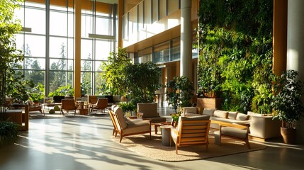 Obraz premium Modern Biophilic Office Interior with Green Wall and Natural Design