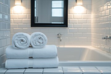 Small hotel bathroom with a bathtub, mirror, stacked towels, white tiles, and bright ceiling lights, 
