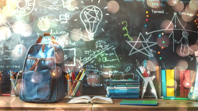 back to school concept with school books textbooks and school stuff on table seamless looping overlay 4k virtual video animation background