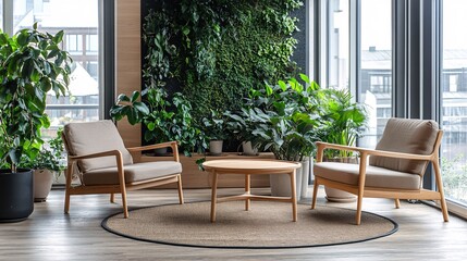 Modern Biophilic Office Interior with Green Wall and Natural Design