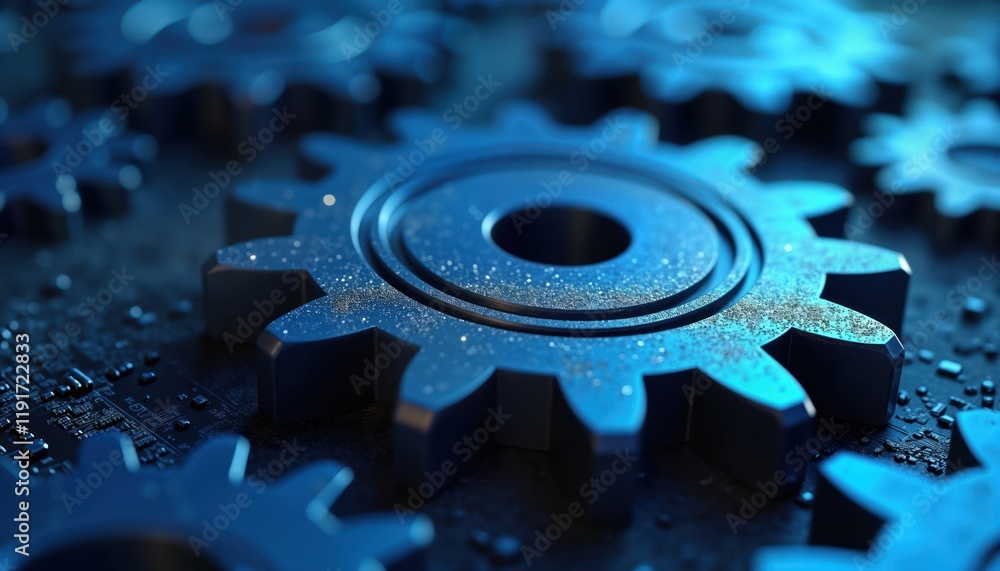 Poster blue gears interconnected on circuit board. tech innovation concept. mechanism of complex machine. m