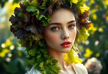 Green Eyed Woman Leaf Crown Nature Beauty Portrait Soft Lighting