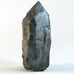 Large dark gray crystal with faceted sides standing on a white background, creating a striking contrast