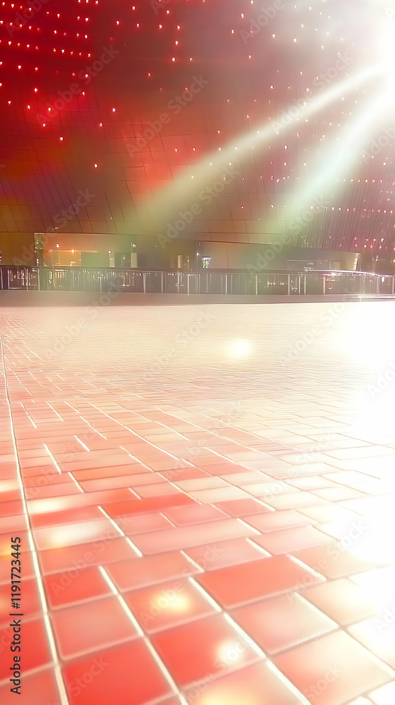 Poster red tiled floor reflects light beams from a modern ceiling with embedded lights