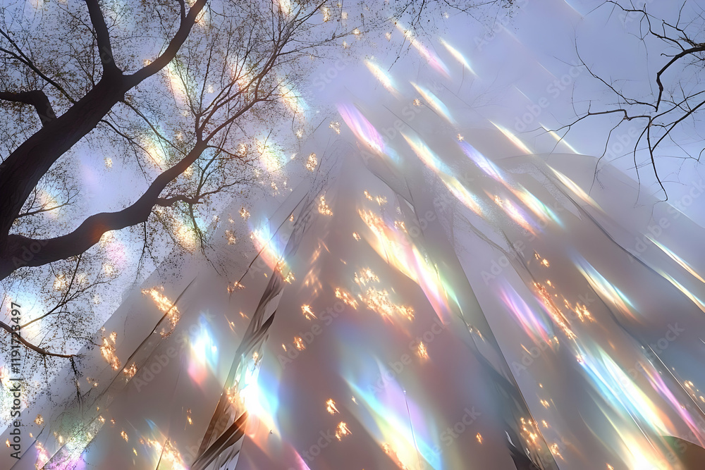Poster iridescent building reflects light prismatically through trees under soft sky