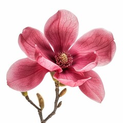 Pink magnolia flower blooming on a branch with visible veins on its petals against a white...