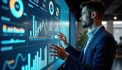 Businessman analyzes virtual business growth data. Interacts with digital stats on large interactive display. Growth strategy, sales marketing data visualized. Modern tech, business performance
