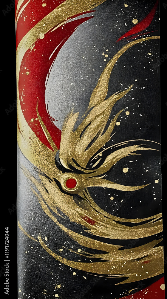 Poster abstract art depicts swirling gold and red strokes dynamically on textured canvas background.