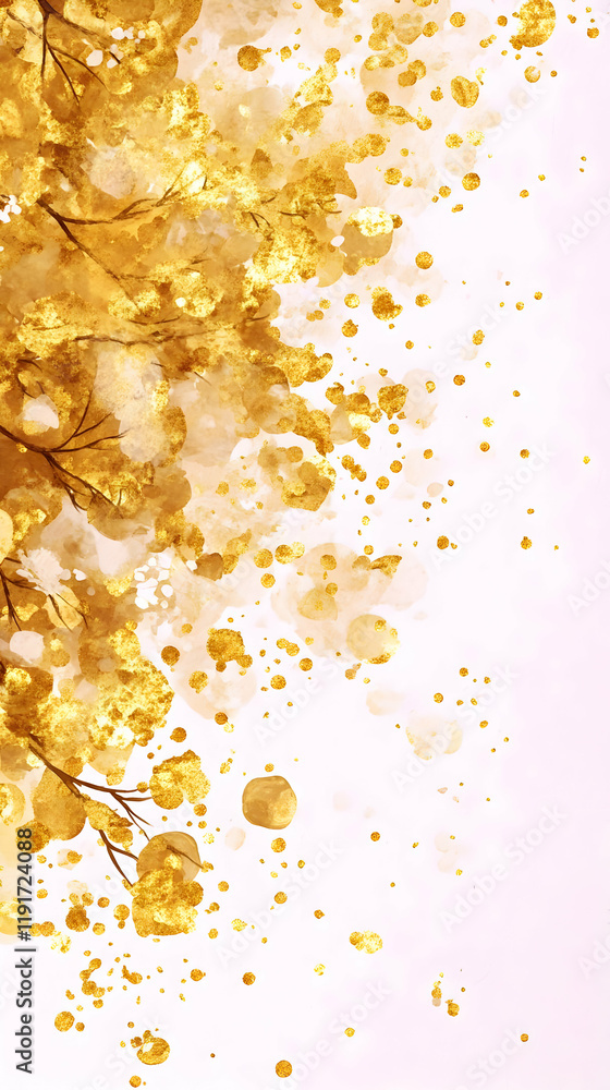 Poster golden watercolor abstract background with splashes and tree branches elegantly designed