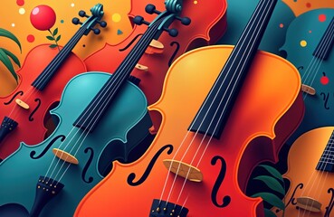 Fototapeta premium Colorful abstract illustration shows musical instruments. Vibrant fiddles, cellos in retro style. Possible concert music festival. Modern design with bright colours. Festive, social event atmosphere.