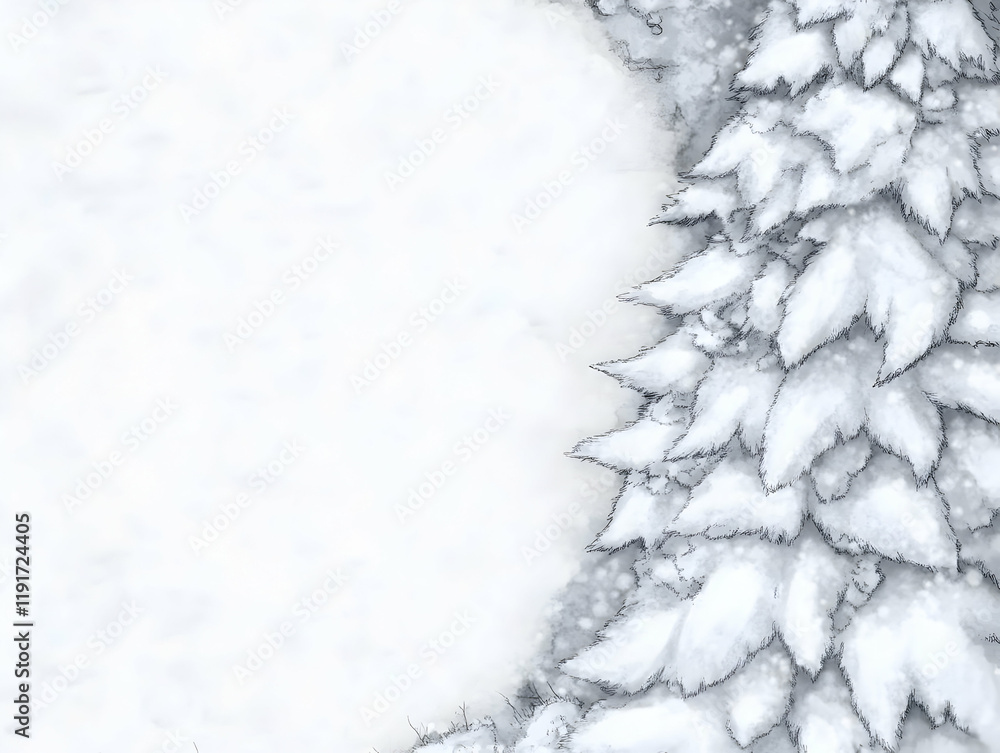 Poster snowy pine branches frame a blank white background gently with soft winter wonderland vibes.