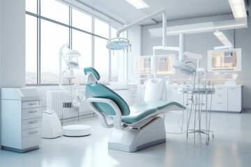 Empty dentist office showcasing modern equipment, representing advanced dental care and innovative technology in a pristine clinical setting