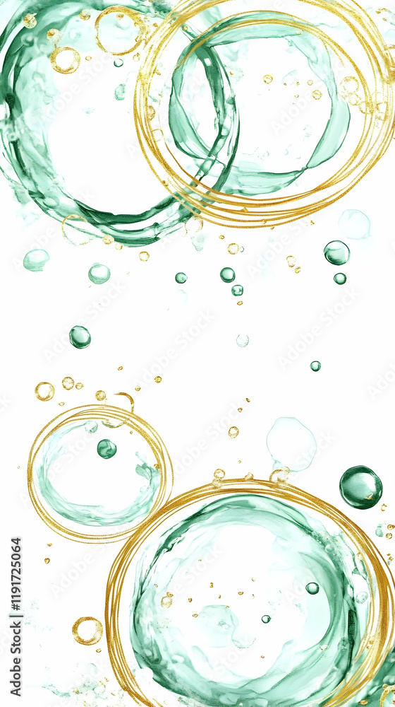 Poster abstract green and gold circles with bubbles background design for art prints and invitations