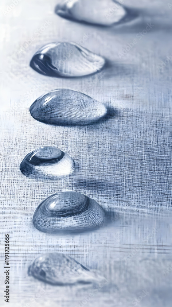 Poster water droplets form a line on a textured surface, creating a visually pleasing pattern