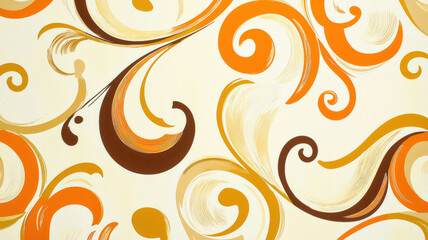 Fototapeta premium Retro 70s-inspired wallpaper featuring abstract swirls in warm orange, brown, and mustard tones, evoking nostalgic charm and vintage flair, perfect for bold interior design statements. 