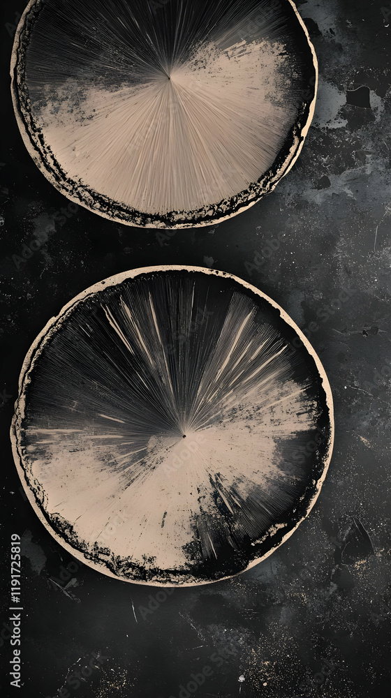 Poster two circular designs with radial lines on a textured dark background.