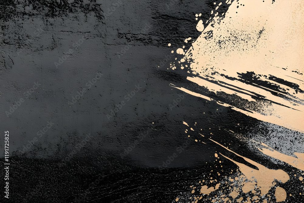 Poster abstract background with black and gold paint splatter and strokes dynamically across the canvas