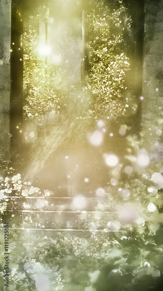 Poster enchanted forest path with glowing lights and soft focus background creates magical atmosphere