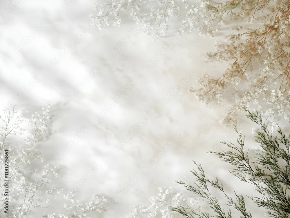 Poster delicate floral frame creates elegant border on soft white backdrop with subtle marble effect