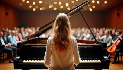 Female pianist performs at concert hall. Audience listens to music. Classical concert in indoor hall. Pianist plays piano. Performance in concert hall. Many people in audience. Musical art