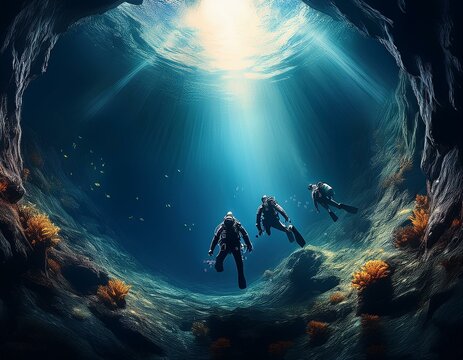 Generated image A mysterious underwater sinkhole, with divers exploring the dark, unknown depths.