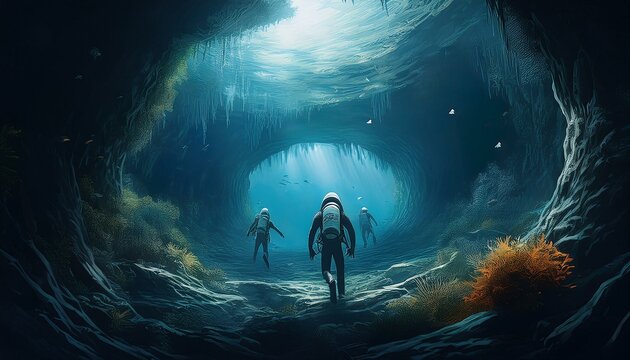 Generated image A mysterious underwater sinkhole, with divers exploring the dark, unknown depths.