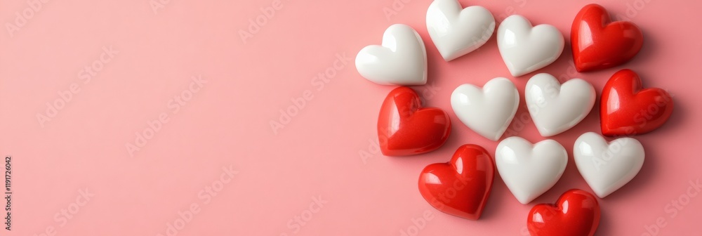 Poster red and white glossy hearts are arranged on a pink background, creating a larger heart shape, symbol