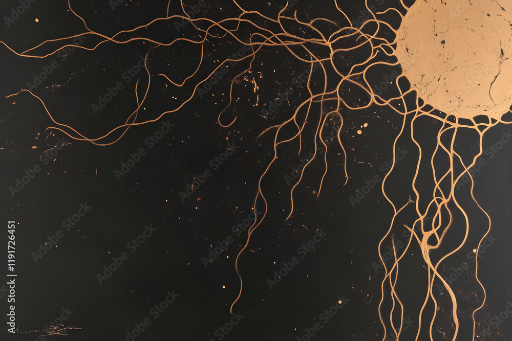Poster abstract painting with gold lines and shapes creates a dynamic composition on black background.