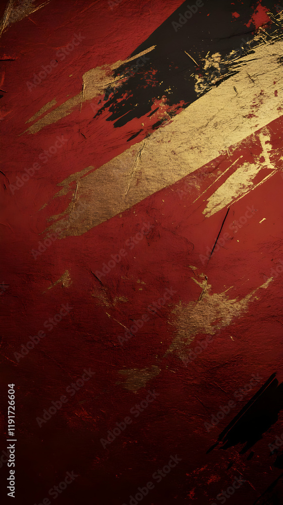 Poster abstract background displays red, black, and gold brushstrokes dynamically across textured canvas