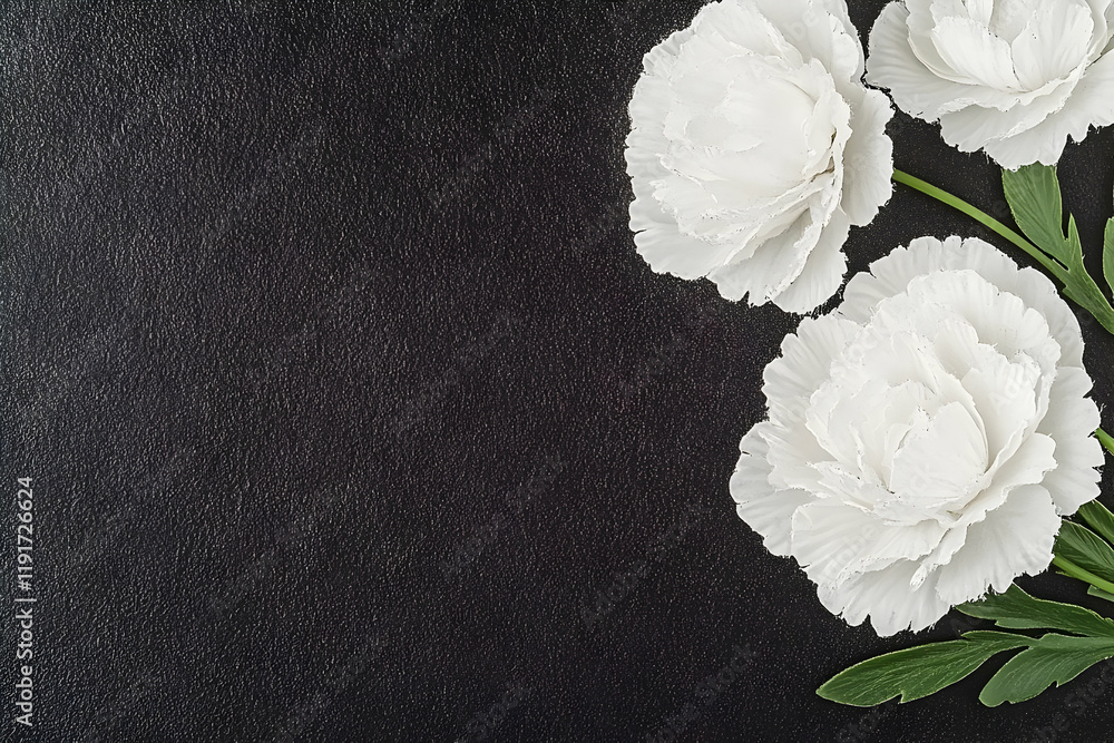 Poster white flowers lie beautifully on a textured black background with copy space for text or design