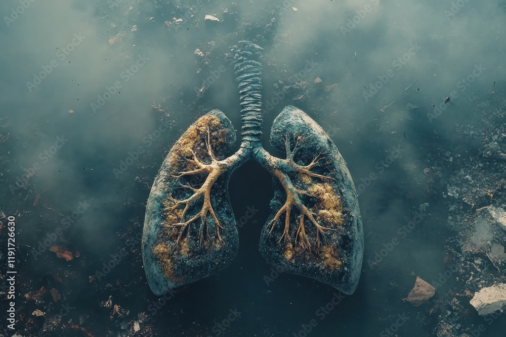 Poster Realistic depiction of lungs surrounded by smog and dust particles in a polluted environment highlighting air quality issues. Generative AI