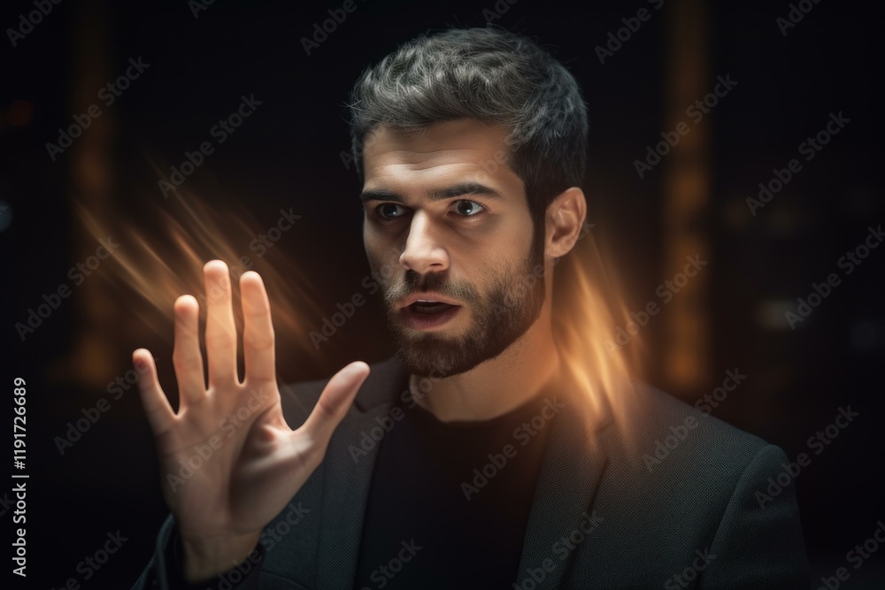 Poster businessman interacting with a futuristic hologram interface, experiencing augmented reality in a da