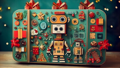 Generated image A robot-themed advent calendar with buildable robot parts, creating a complete robot 