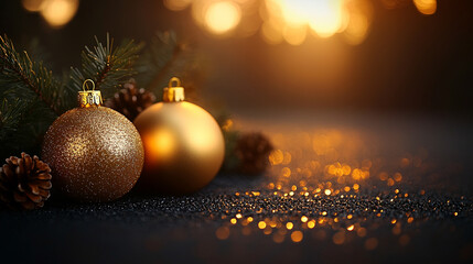 Fototapeta premium Elegant Christmas festive gold ornaments, garland balls, and pine cone tree branches set against a blurred black background with bright light tones and caption space on the side