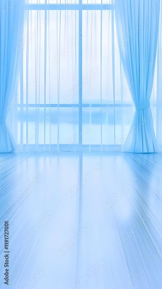 Poster empty room with soft blue curtains and sunlight streaming in through window