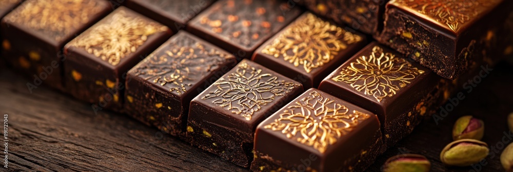 Poster delightful pistachio filled chocolate bar adorned with intricate arabesque patterns and elegant gold