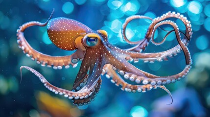 Fototapeta premium Majestic Giant Pacific Octopus in Electric Blue Underwater World. Marine invertebrates and Marine biology concept